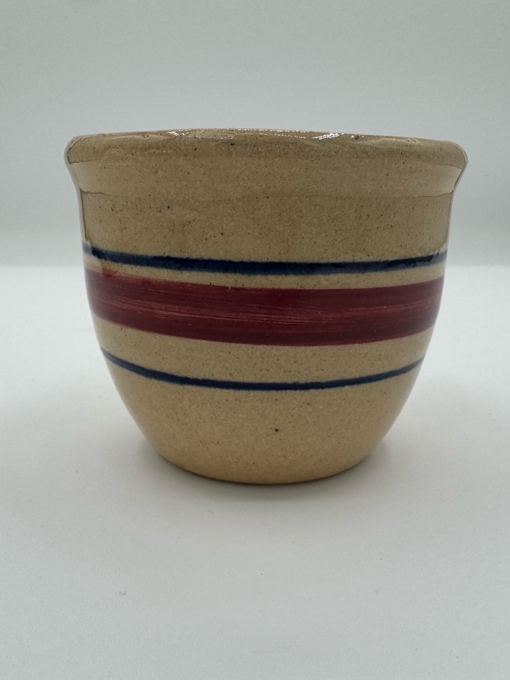 VTG Roseville Stoneware Bowl w/ Burgundy and Navy Stripe